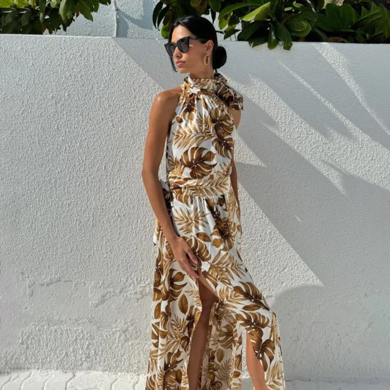 Tropical High Slit Halter Neck Maxi Dress for Elegant Getaways