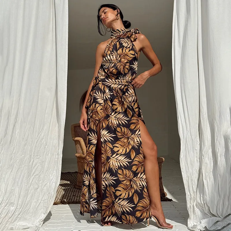 Tropical High Slit Halter Neck Maxi Dress for Elegant Getaways