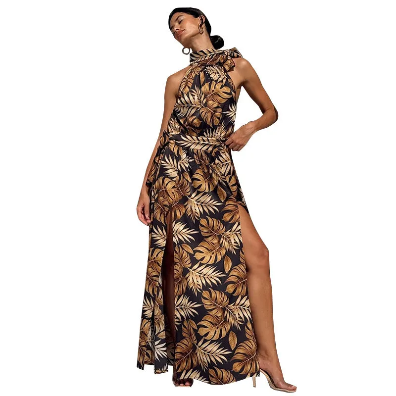 Tropical High Slit Halter Neck Maxi Dress for Elegant Getaways