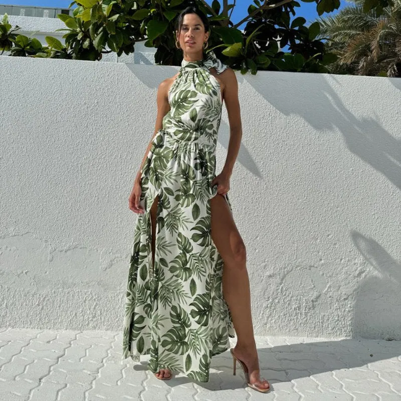 Tropical High Slit Halter Neck Maxi Dress for Elegant Getaways