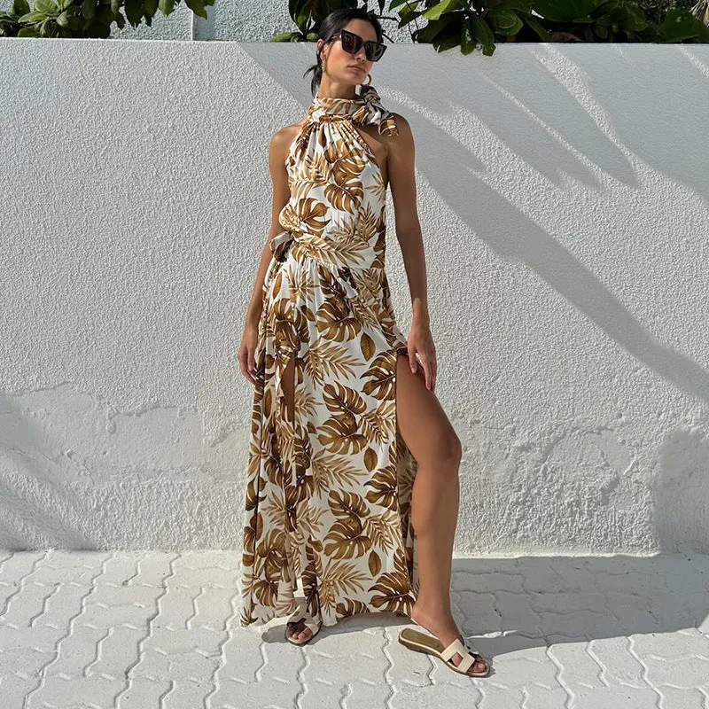 Tropical High Slit Halter Neck Maxi Dress for Elegant Getaways