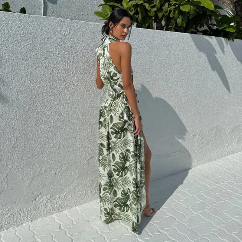 Tropical High Slit Halter Neck Maxi Dress for Elegant Getaways