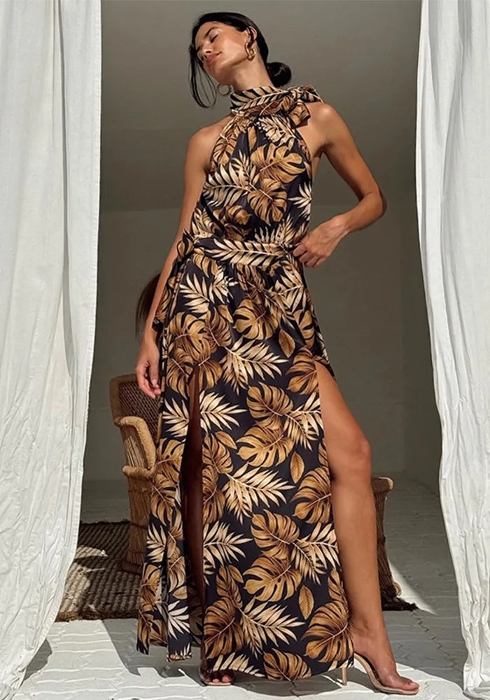 Tropical High Slit Halter Neck Maxi Dress for Elegant Getaways