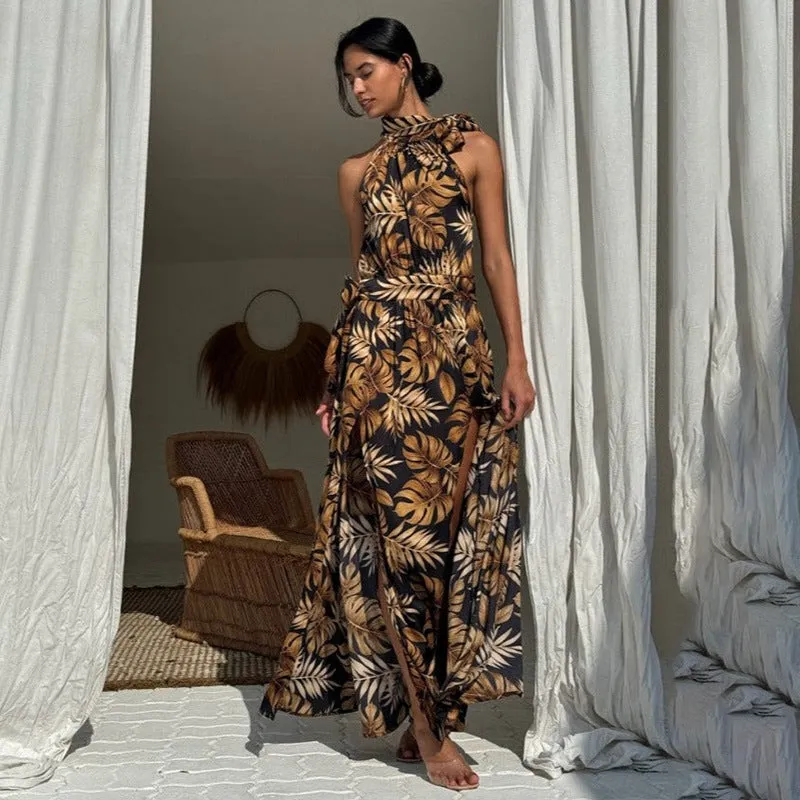 Tropical High Slit Halter Neck Maxi Dress for Elegant Getaways