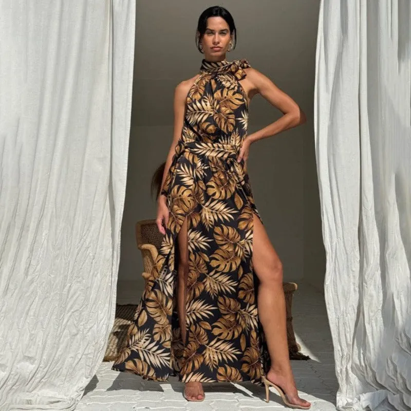 Tropical High Slit Halter Neck Maxi Dress for Elegant Getaways