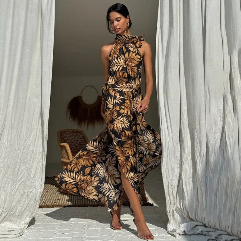 Tropical High Slit Halter Neck Maxi Dress for Elegant Getaways