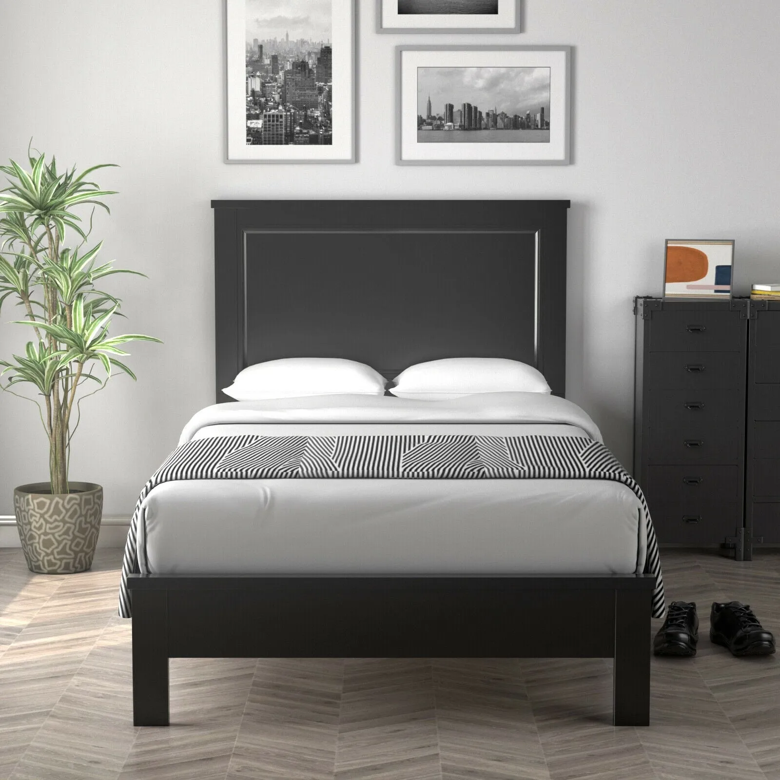 Twin Size Platform Bed Frame with Rubber Wood Leg-Black