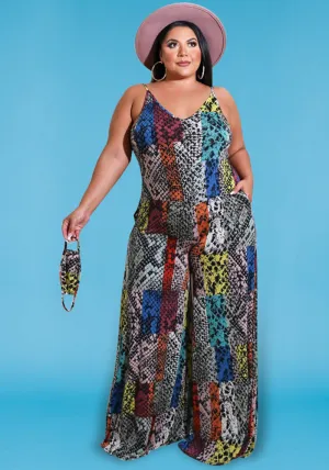 Vibrant Patchwork Animal Print Wide-Leg Suspender Jumpsuit