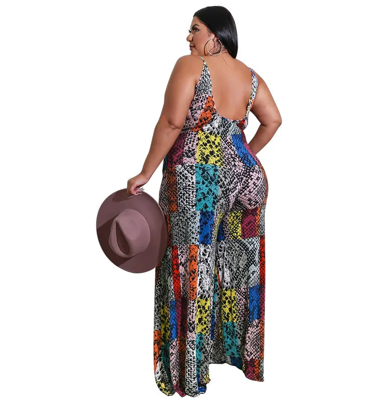Vibrant Patchwork Animal Print Wide-Leg Suspender Jumpsuit