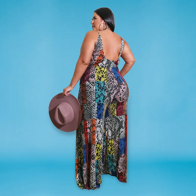 Vibrant Patchwork Animal Print Wide-Leg Suspender Jumpsuit