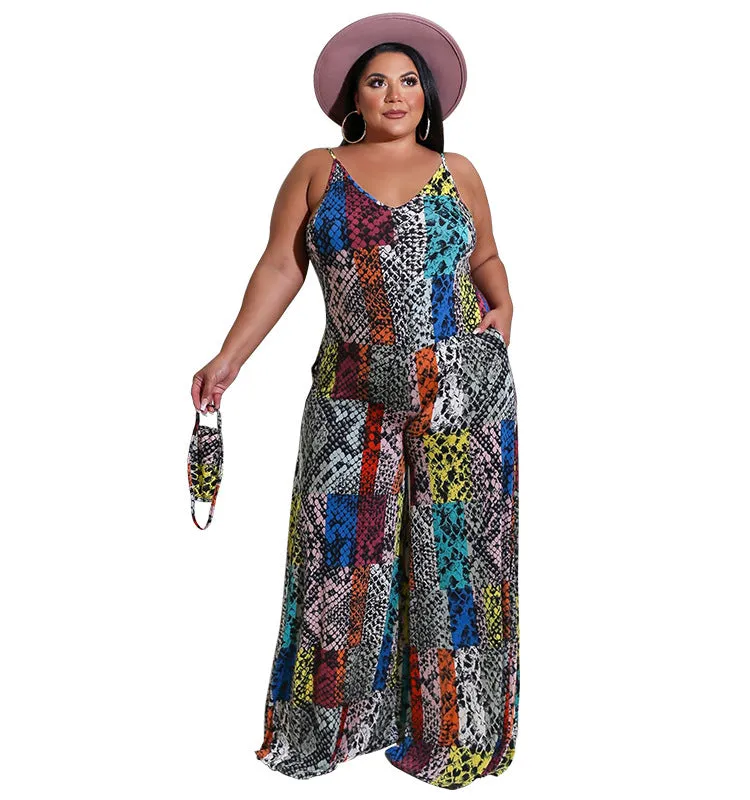 Vibrant Patchwork Animal Print Wide-Leg Suspender Jumpsuit