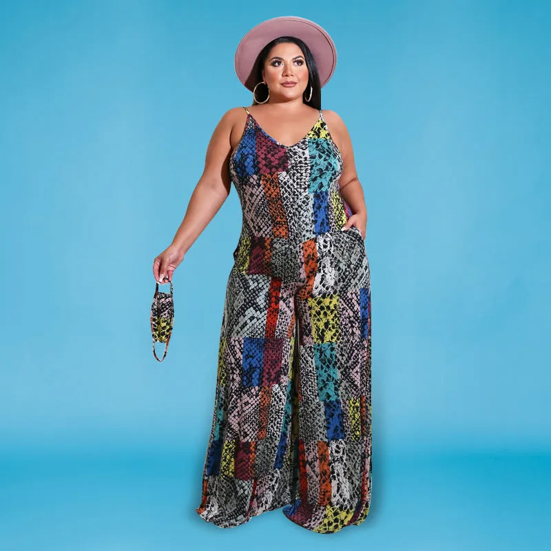 Vibrant Patchwork Animal Print Wide-Leg Suspender Jumpsuit