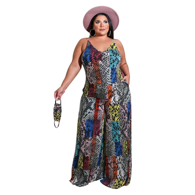 Vibrant Patchwork Animal Print Wide-Leg Suspender Jumpsuit
