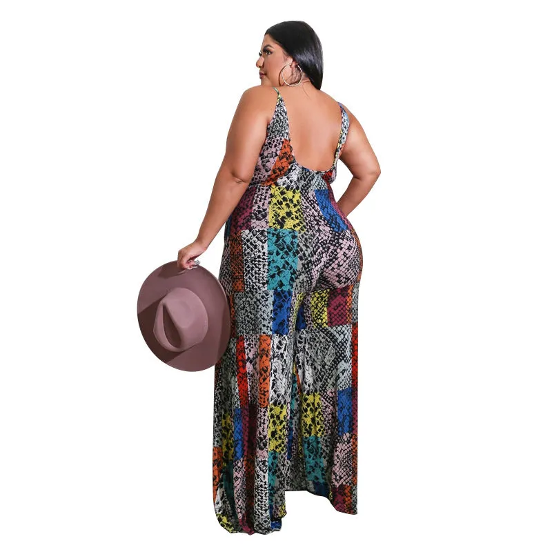 Vibrant Patchwork Animal Print Wide-Leg Suspender Jumpsuit