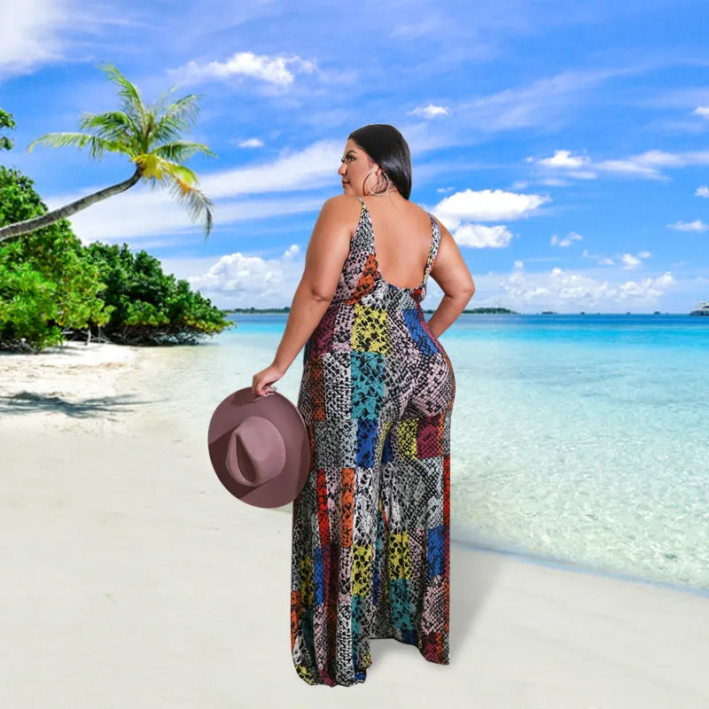 Vibrant Patchwork Animal Print Wide-Leg Suspender Jumpsuit