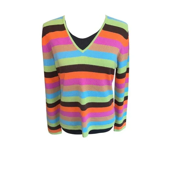 Vintage 00s Y2K Mainbocher M Vibrant Striped 100% Pure Cashmere V-Neck Sweater