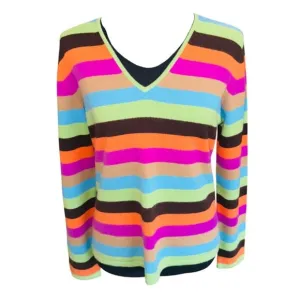 Vintage 00s Y2K Mainbocher M Vibrant Striped 100% Pure Cashmere V-Neck Sweater