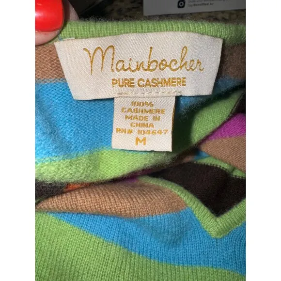 Vintage 00s Y2K Mainbocher M Vibrant Striped 100% Pure Cashmere V-Neck Sweater