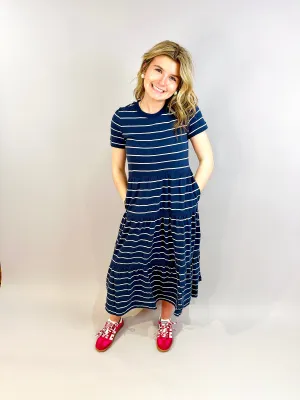 Vintage Slub Midi Dress Navy/White Stripe