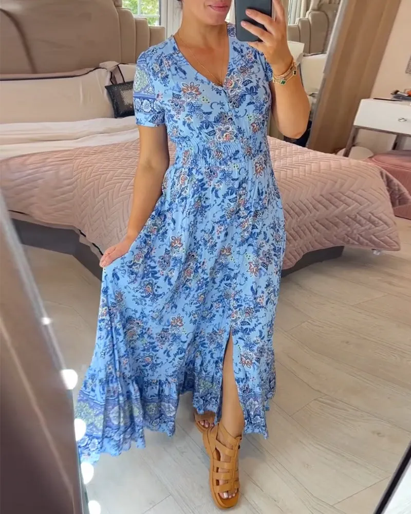 WILMA - FLORAL PATTERN V-NECK DRESS