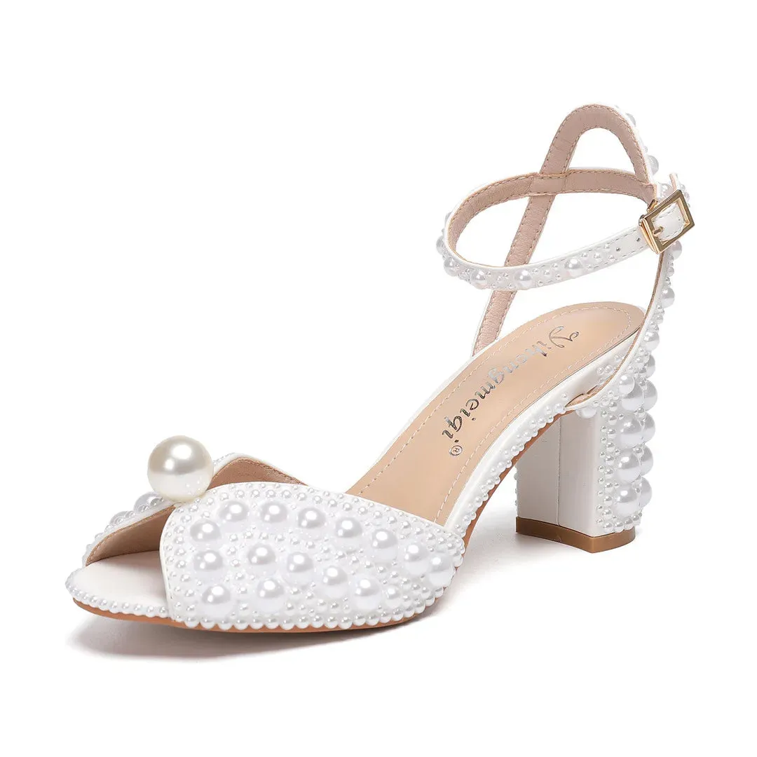 Women Sandals Fashion High Quality Wedding Shoes Women New Pearls Studs Luxury Peep Toe High Heels Buckle Woman Sandal 43