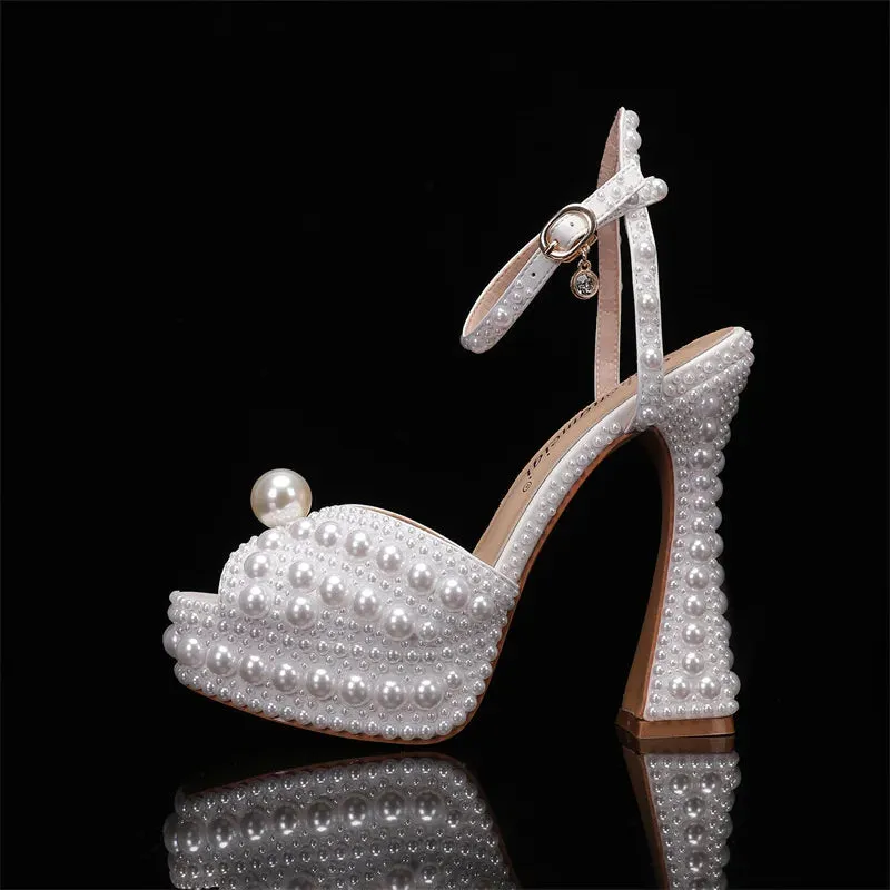 Women Sandals Fashion High Quality Wedding Shoes Women New Pearls Studs Luxury Peep Toe High Heels Buckle Woman Sandal 43