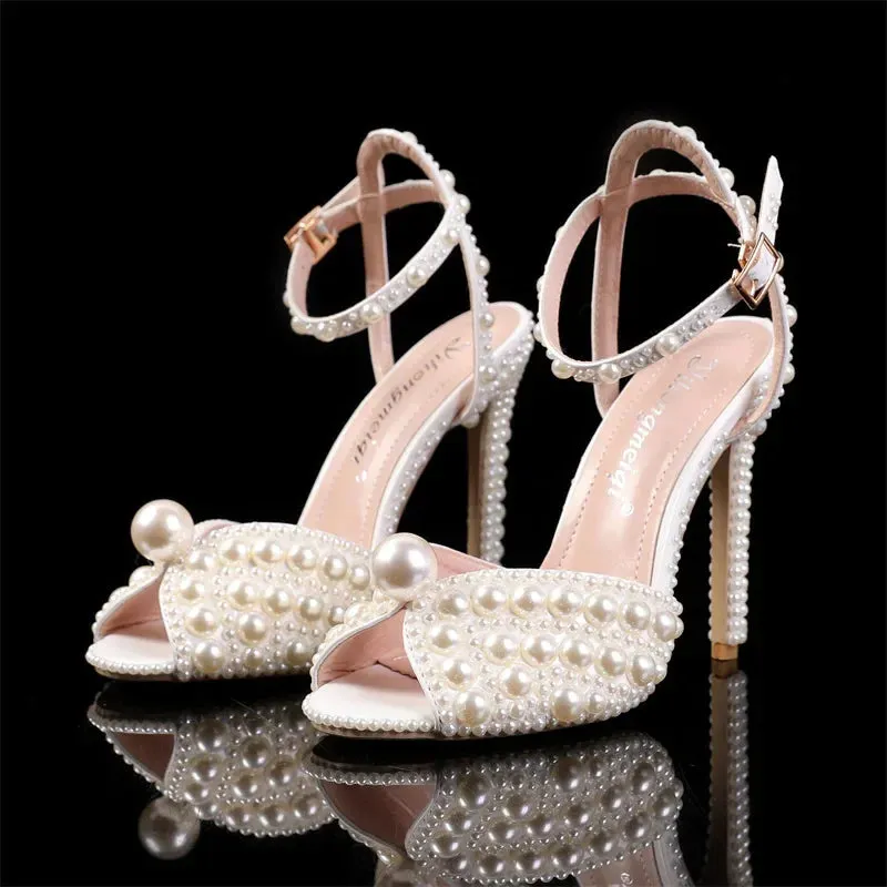 Women Sandals Fashion High Quality Wedding Shoes Women New Pearls Studs Luxury Peep Toe High Heels Buckle Woman Sandal 43